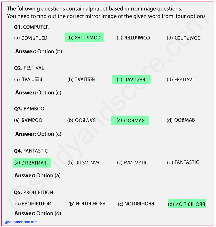 Mirror images, general aptitude, non verbal reasoning, clock based, figure based, alpha numeric, alphabet,number based, mirror reflections, inversion